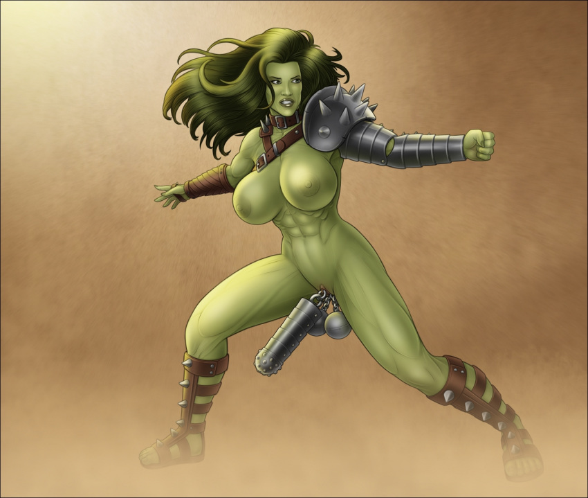 1girls abs action_pose alternate_version_available areolae armor biceps big_breasts breasts clitoris clitoris_piercing female female_only functionally_nude gladiator_armor gladiator_sandals green_hair green_skin high-heeled_jill hourglass_figure huge_breasts hulk_(series) labia_piercing large_breasts long_hair marvel marvel_comics muscles muscular muscular_female muscular_thighs naked naked_female navel nipples open_toe_shoes piercing pussy pussy_piercing sandals she-hulk shoulder_pads solo standing thighs vagina