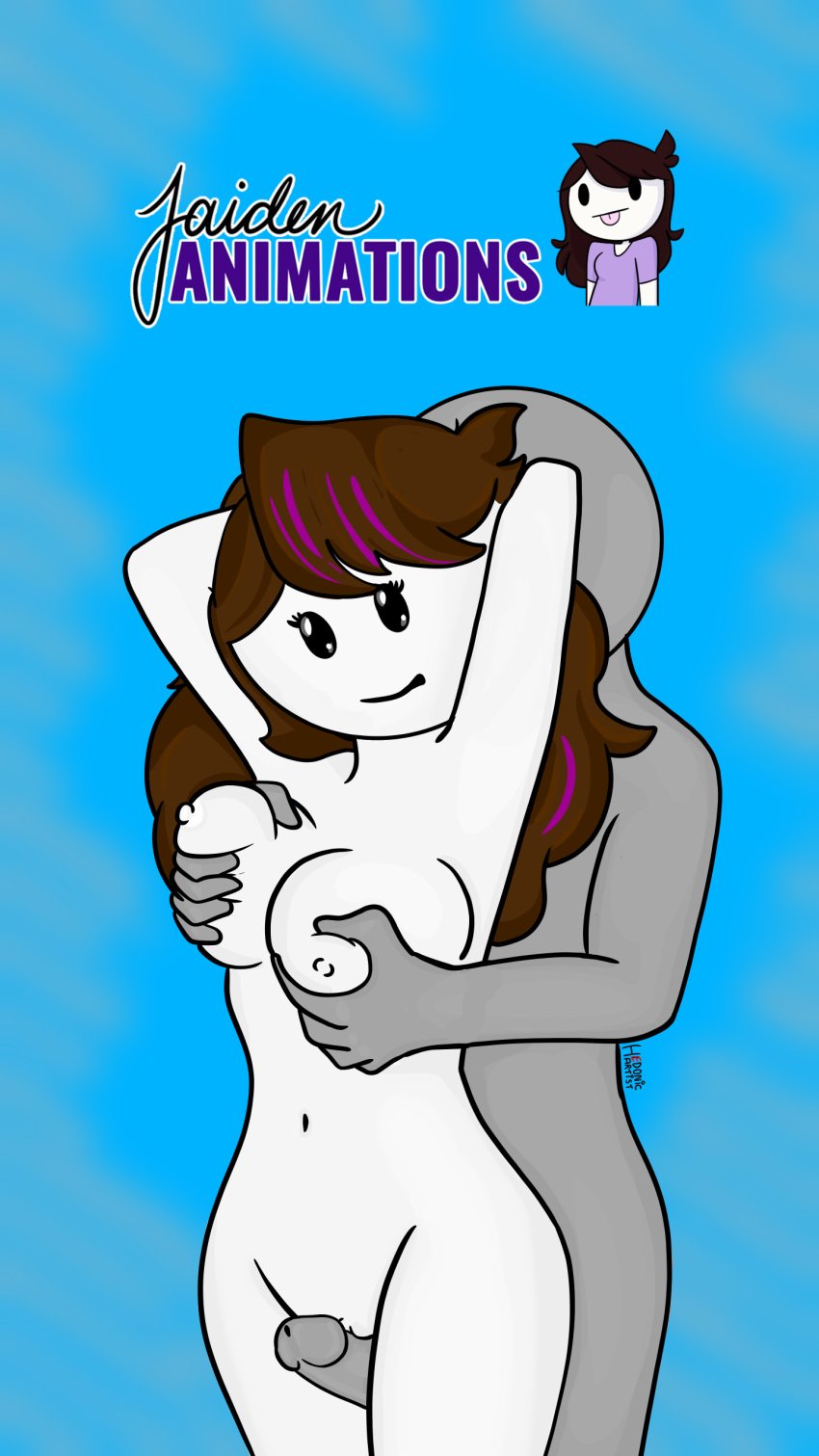 anonymous_male breasts brown_hair grabbing_from_behind grey_skin hedonic_artist jaiden jaiden_animations mob_face penis phone_wallpaper sex white_skin youtube youtuber