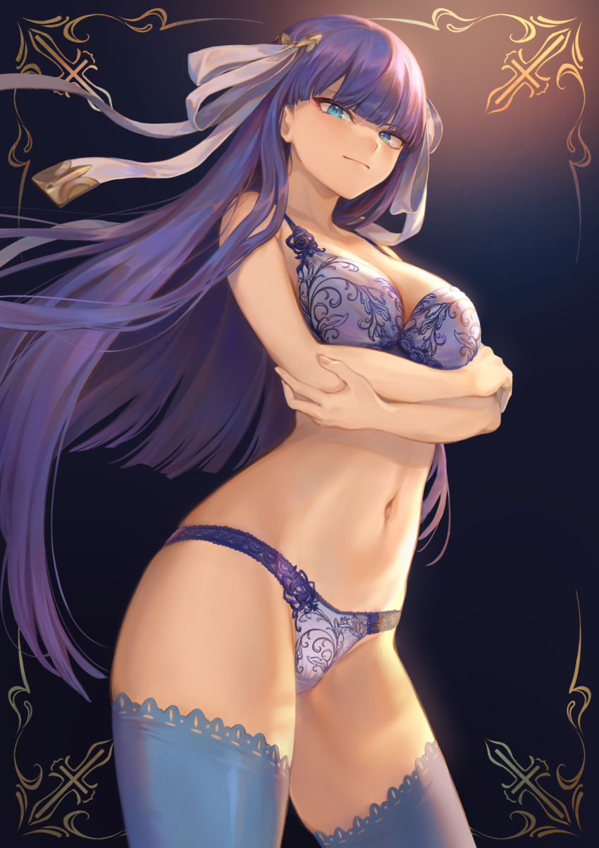 1girls bangs bare_shoulders blue_bra blue_eyes blue_legwear blue_lingerie blue_panties blue_stockings blunt_bangs blush bra breasts cleavage closed_mouth crossed_arms fate/grand_order fate_(series) gradient gradient_background hair_ribbon highres large_breasts lingerie long_hair looking_at_viewer mashu_003 navel panties purple_hair ribbon saint_martha smile solo straight_hair thighhighs underwear white_ribbon