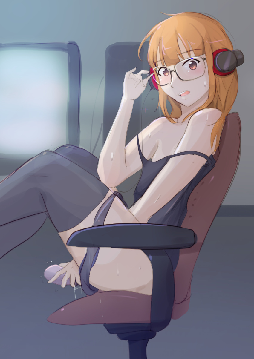 1girls 9_9bird atlus blush caught caught_in_the_act dildo female female_masturbation glasses headphones long_hair masturbation megami_tensei orange_hair panties_around_leg persona persona_5 sakura_futaba sitting sweat tagme vaginal_penetration