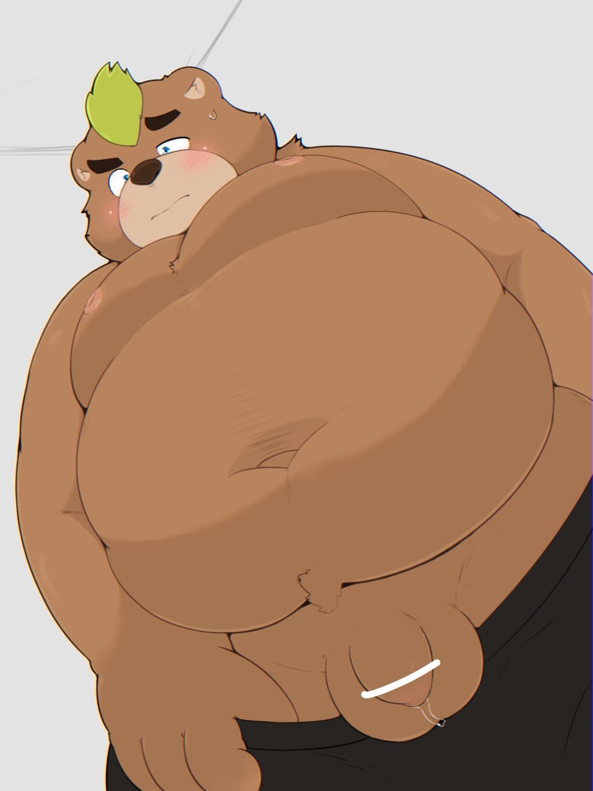 2019 absurd_res anthro ashigara balls belly blue_eyes blush brown_body brown_fur censored clothing fur hi_res humanoid_hands kwzu male male_only mammal moobs navel nipples overweight overweight_male penis solo tokyo_afterschool_summoners underwear ursid video_games