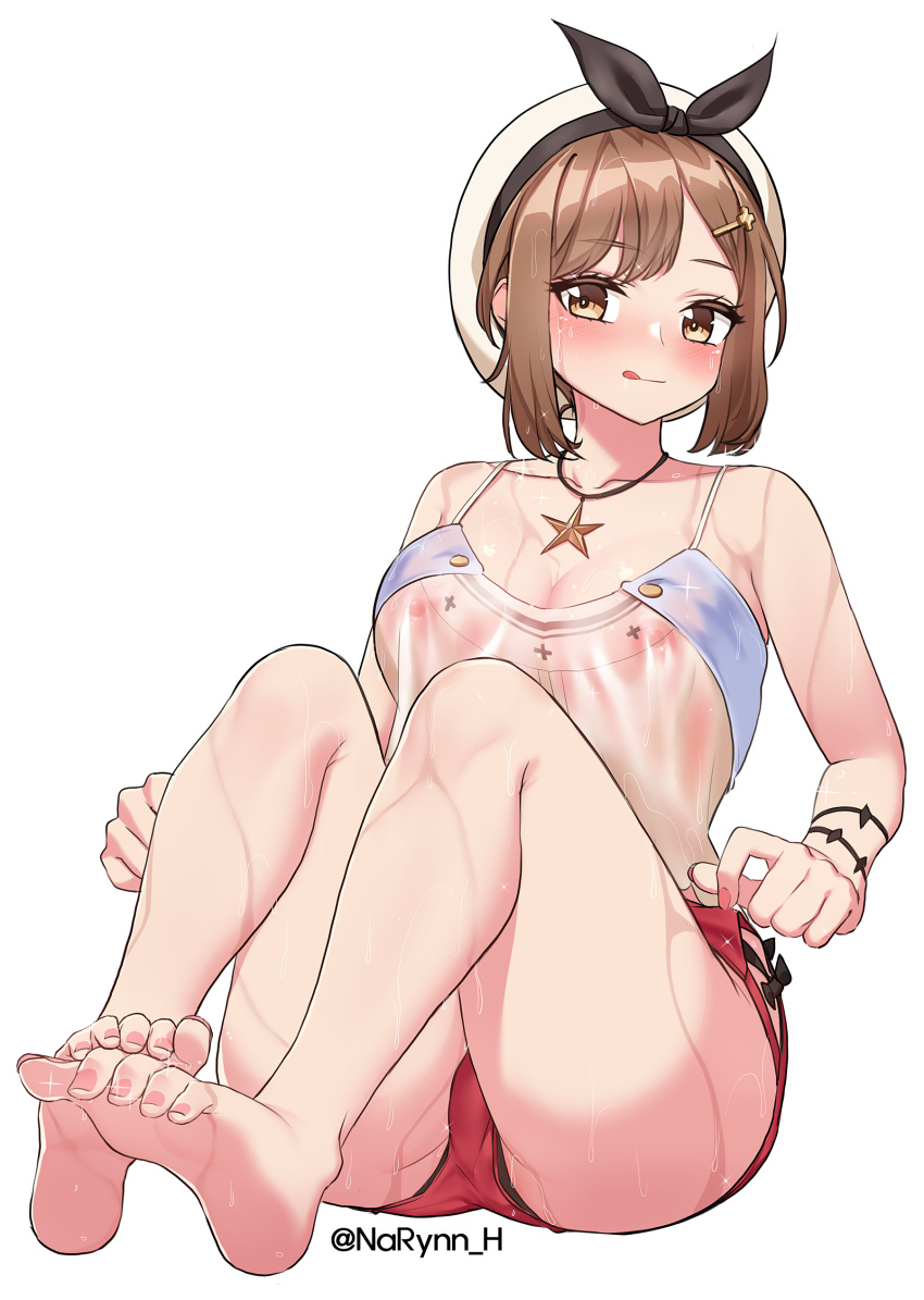 absurdres atelier_(series) atelier_ryza bare_shoulders barefoot breasts brown_eyes brown_hair cleavage feet halterneck highres jewelry legs medium_breasts narynn necklace nipples red_shorts reisalin_stout see-through short_hair short_shorts shorts smile soles star star_necklace tagme thighs toenail_polish toenails toes twitter_username wet white_background white_headwear