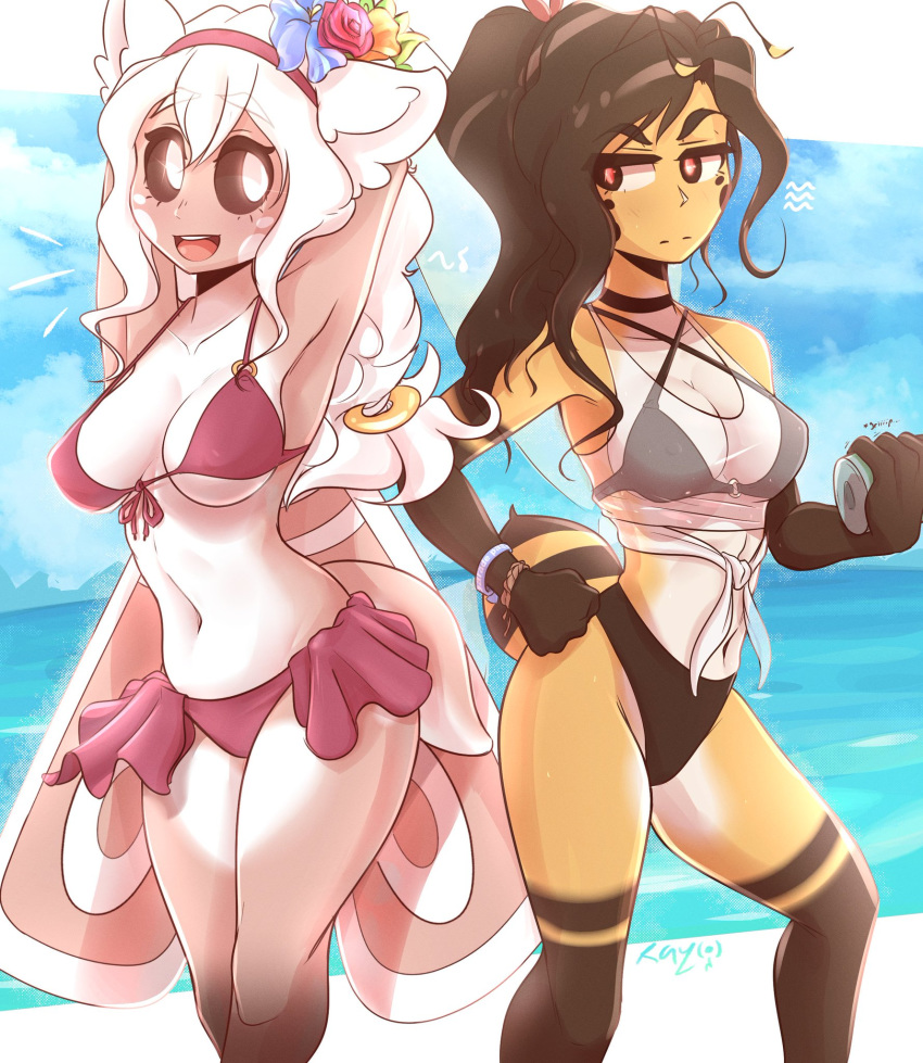 antennae anthro armpits bathing_suit beach bikini blush ear flower_in_hair lepidopteran moth original pink_eyes pink_skin raydio red_eyes shaelyn_(raydio) shirt sweat vanessa_(raydio) wasp water wings yellow_skin