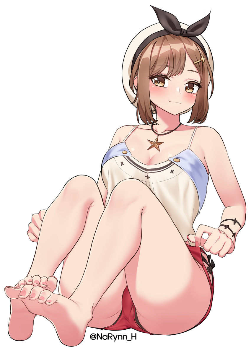 absurdres atelier_(series) atelier_ryza bare_shoulders barefoot breasts brown_eyes brown_hair cleavage feet halterneck highres jewelry legs medium_breasts narynn necklace red_shorts reisalin_stout short_hair short_shorts shorts smile soles star star_necklace tagme thighs toenail_polish toenails toes twitter_username white_background white_headwear