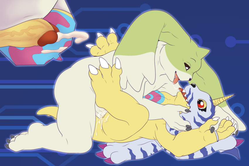 2boys 3:2 anal animal_skin blue_body blue_fur bodily_fluids claws cum cum_in_ass cum_inside digimon digimon_(species) fingers fur gabumon gargomon gay genital_fluids green_body green_fur half-closed_eyes hi_res horn lagomorph leporid long_ears male male/male male_only mammal narrowed_eyes purple_claws rabbit reptile scalie sex shadowpelt teeth toe_claws tongue yaoi