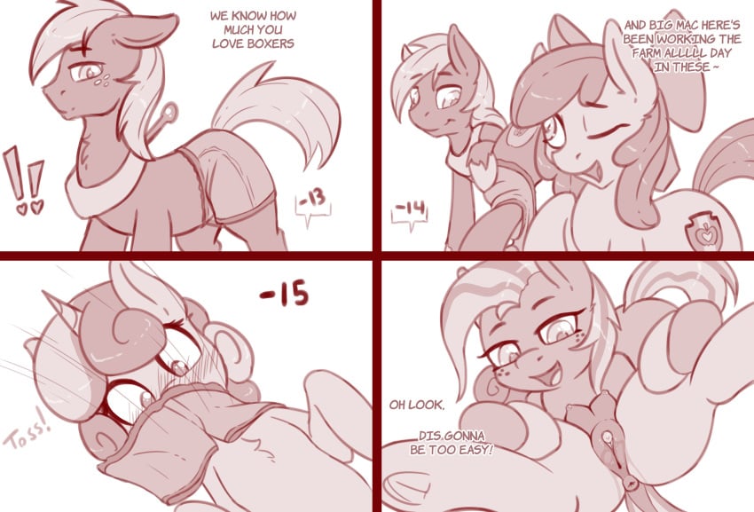 absurd_res anus apple_bloom_(mlp) babs_seed_(mlp) big_macintosh_(mlp) bodily_fluids comic crotchboobs dialogue equid fearingfun female feral friendship_is_magic genital_fluids hi_res horn male mammal my_little_pony pussy pussy_juice sweetie_belle_(mlp) unicorn