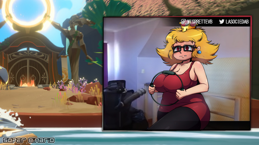 big_breasts blush breasts chubby cleavage female female_focus female_only mario_(series) misrravb new_super_mario_bros._u_deluxe nintendo red_eyes streaming super_crown superbinario sweat sweatdrop thick_thighs thighs yellow_hair