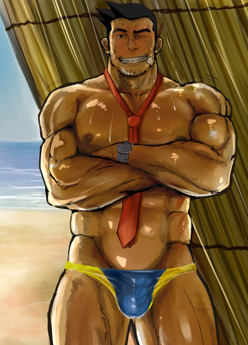 1boy abs ace_attorney arms_crossed banana_hammock bandage bandage_on_face bara beach big_pecs black_hair blue_underwear bulge capcom dick_gumshoe facial_hair gyakuten_saiban human human_only looking_at_viewer male male_focus male_only mature mature_male muscle muscles muscular muscular_male nipples ocean one_eye_closed pecs pencil_on_ear pose posing smile smiling solo solo_focus solo_male speedo standing sweat sweating sweaty tan tan_body tan_skin teeth teeth_showing tie toned toned_body toned_male topless underwear underwear_only waribashi wink winking winking_at_viewer wristwatch yellow_underwear