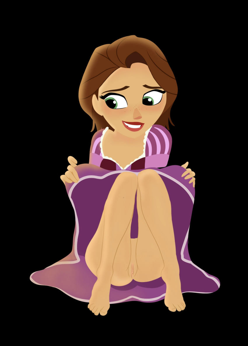 barefoot big_lion brown_hair clothing disney dress green_eyes no_panties princess pussy rapunzel short_hair tangled tangled:_the_series vagina