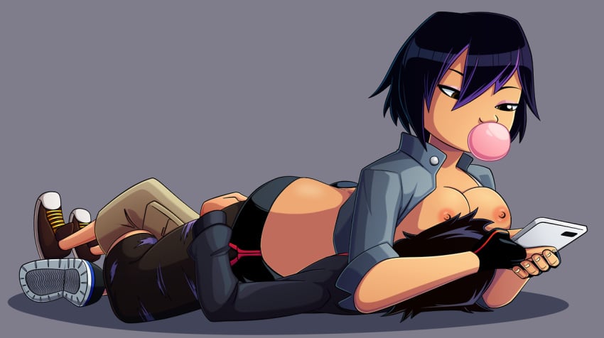 1boy 1girls areolae ass bare_calves big_breasts big_hero_6 black_hair breasts breasts_out brown_eyes bubble_butt bubble_gum busty calves cleavage clothed disney eyeshadow female female_on_top femdom fingerless_gloves gogo_tomago hands_on_ass head_between_breasts hiro_hamada jacket large_breasts larger_female lying lying_on_person male marvel marvel_comics nipples pantyhose phone pixar ravenravenraven short_hair short_shorts skin_tight sleeves_rolled_up sneakers unseen_male_face wide_hips