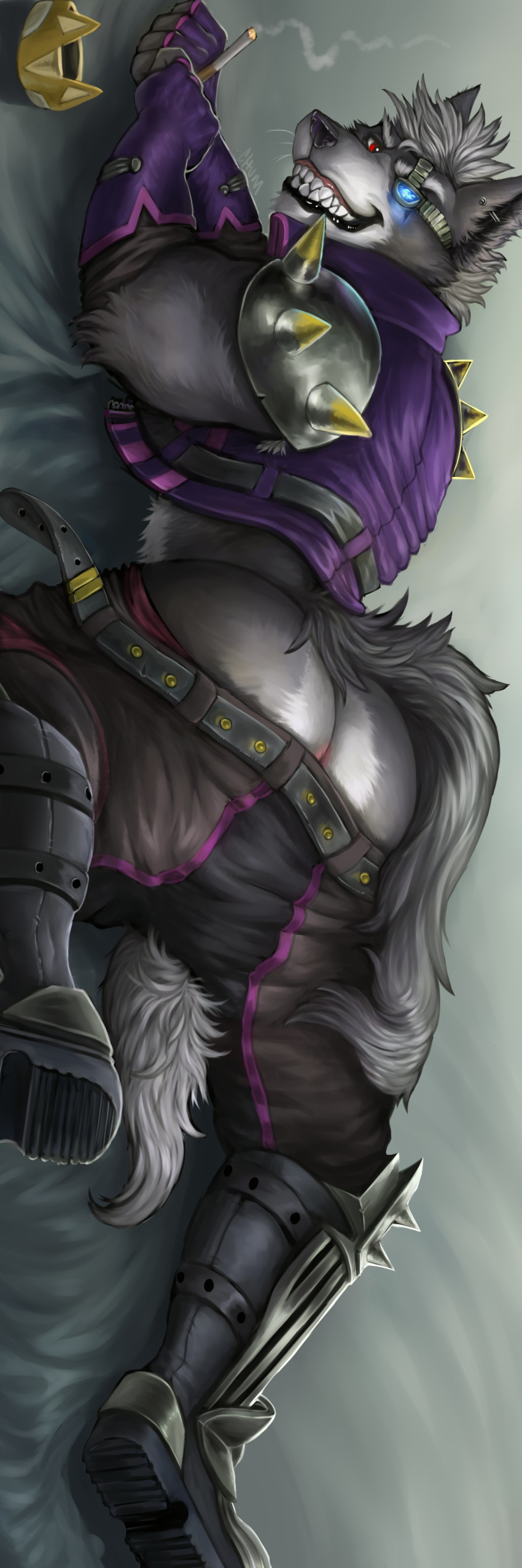 absurd_res anus armor armpit_hair ashtray ass belt black_nose body_hair boots bulge canid canine canis chumbasket cigarette claws clothed clothing countershading dakimakura_design ear_piercing eyewear fangs fluffy fluffy_tail footwear fur fur_tuft furgonomics furry-specific_piercing grey_body grey_fur gun hand_behind_back head_tuft hi_res jacket long_tail looking_at_viewer looking_back lying male male_only mammal nintendo on_front pants_down partially_clothed pauldron piercing presenting ranged_weapon rear_view red_eyes romantic_ambiance seductive smile smoking solo star_fox teeth topwear tuft video_games weapon wolf wolf_o'donnell