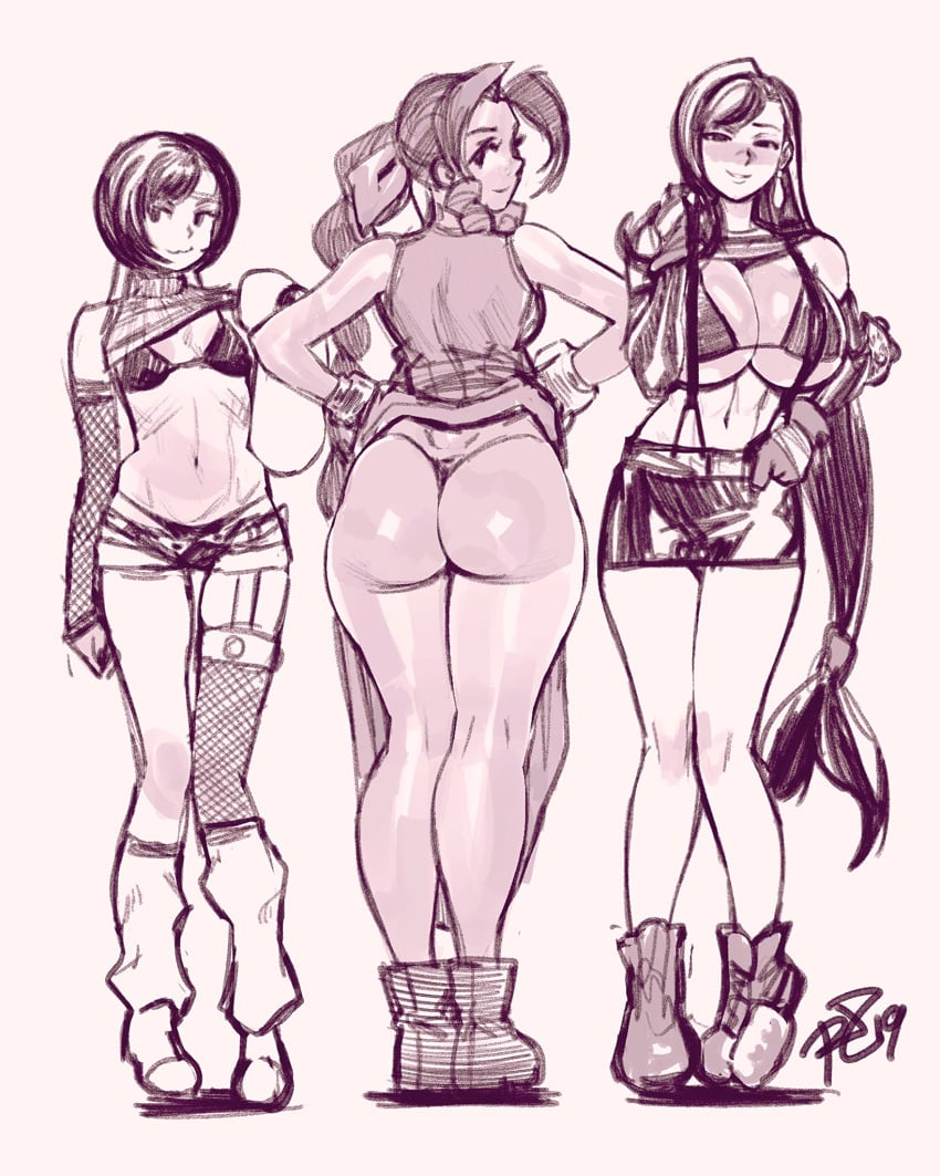 3girls aerith_gainsborough ass big_ass big_breasts bikini_top bottom_heavy breasts bubble_butt female female_only final_fantasy final_fantasy_vii huge_ass huge_breasts large_ass large_breasts monochrome multiple_girls negarobo robaato rough_sketch shirt_lift skirt_lift small_breasts square_enix thick_thighs thong tifa_lockhart top_heavy upskirt wide_hips yuffie_kisaragi