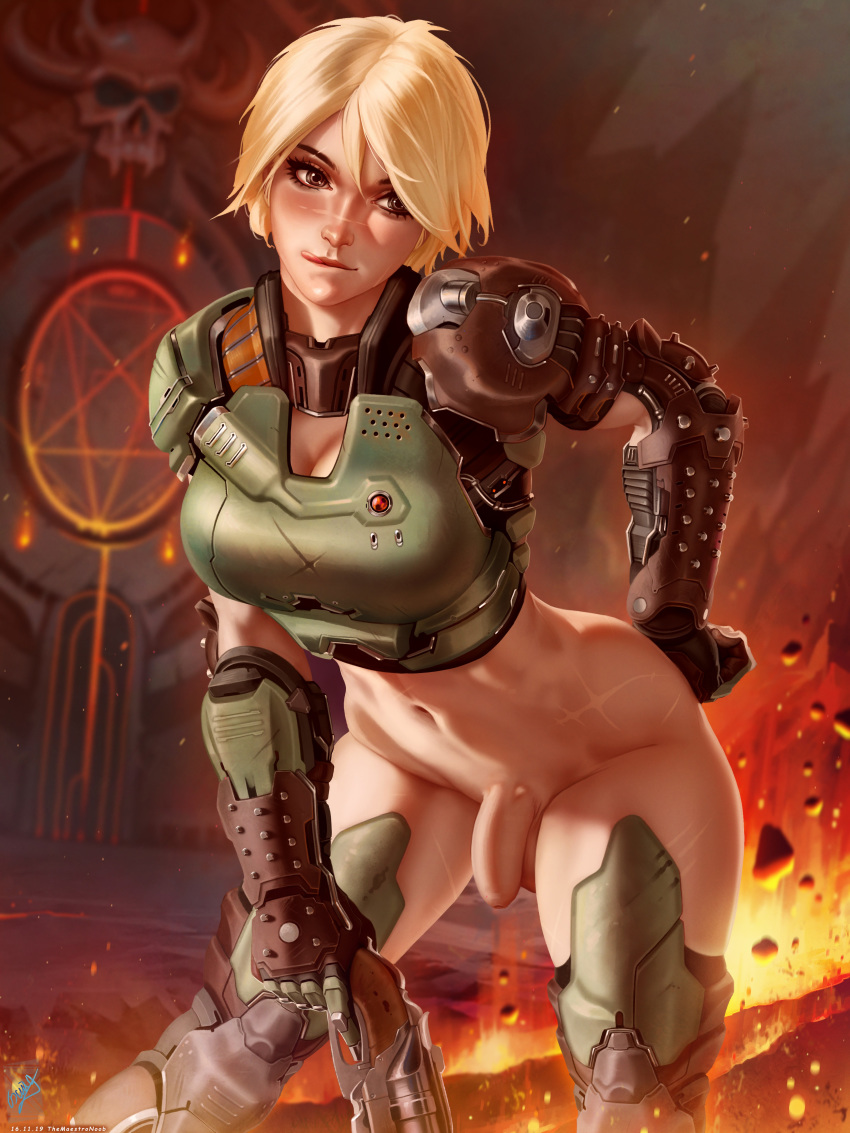 1futa 2019 abs absurd_res armor balls biting_lip blonde_hair bottomless breasts casual cleavage curvy dated doom doom_slayer_(doom) double-barreled_shotgun embarrassed_nude_futa exposed firearm fit flaccid flaccid_penis futa_only futa_sans_pussy futanari gauntlets genderswap_(mti) greaves gun helmet highres human large_breasts penis realistic rule_63 scarred scars short_hair shotgun solo source_request text themaestronoob thick_thighs thighs watermark weapon wide_hips