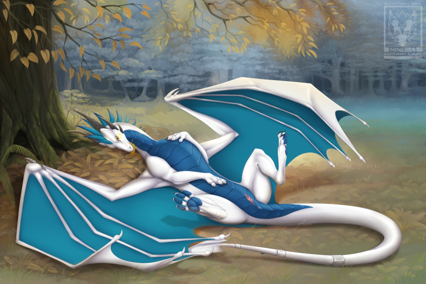 accessory anus ass blue_body blue_paws blue_skin blue_wings detailed_background dragon female female_only feral forest horn horns jewelry leaf lying lying_down lying_on_back minerea pussy solo_female tail tree vagina white_body white_skin