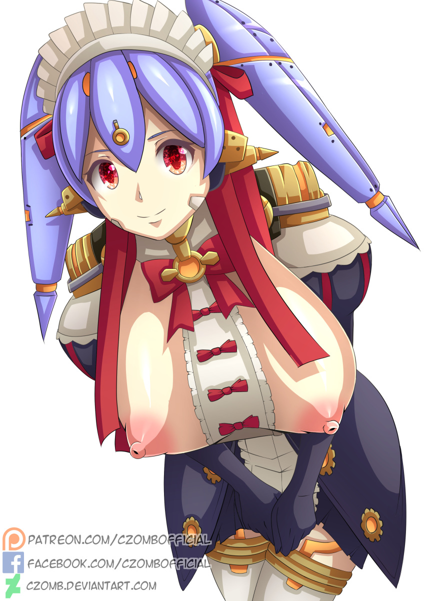 blue_hair breasts_out clothed czomb maid nintendo orange_eyes poppi_(xenoblade) poppi_qt_(xenoblade) robot watermark xenoblade_(series) xenoblade_chronicles_2