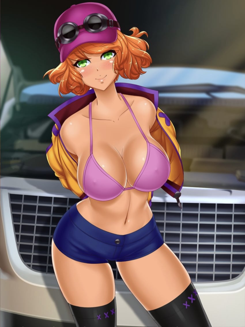 booty_calls green_eyes mechanic pink_bra red_hair sandy_(booty_calls)