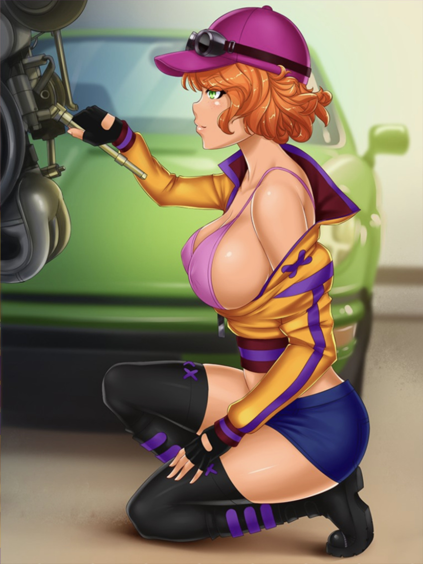 booty_calls green_eyes mechanic pink_bra red_hair sandy_(booty_calls)