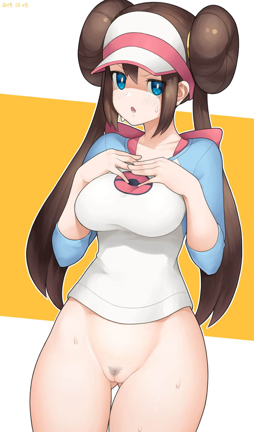 1girls blue_eyes blush bottomless breasts brown_hair cleavage clothed clothing curvy female female_focus female_only hat human long_hair looking_at_viewer mogtate nintendo no_panties pokemon pokemon_bw2 pose posing pubic_hair pussy rosa_(pokemon) shirt side_bun simple_background solo solo_female solo_focus standing sweat sweatdrop thick thick_thighs thighs vagina white_background yellow_background zhenbao