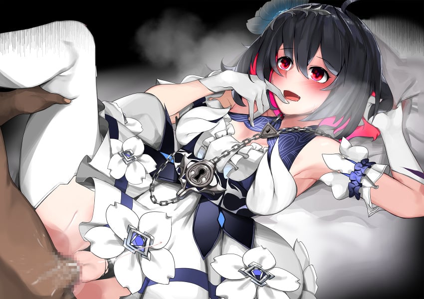 1boy ahoge armpits black_hair black_panties blush censored chains cum cum_in_pussy dark-skinned_male dark_persona dark_skin female finger_to_mouth gimnang gloves hair_between_eyes hair_ornament highres honkai_(series) honkai_impact_3rd leg_grab lock looking_at_another lying missionary multicolored_hair on_back open_mouth panties red_eyes red_hair saliva seele_vollerei sex sheet_grab solo_focus straight sweat thighhighs torn_clothes torn_panties two-tone_hair underwear vaginal_penetration white_gloves white_legwear