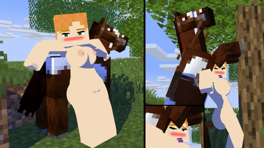 1boy 1boy1girl 1girls 3d alex_(minecraft) big_ass big_breasts casual female green_eyes horse horse_(minecraft) human mine-imator minecraft nude orange_hair outdoors pale_skin pouipouimc sex tagme zoophilia