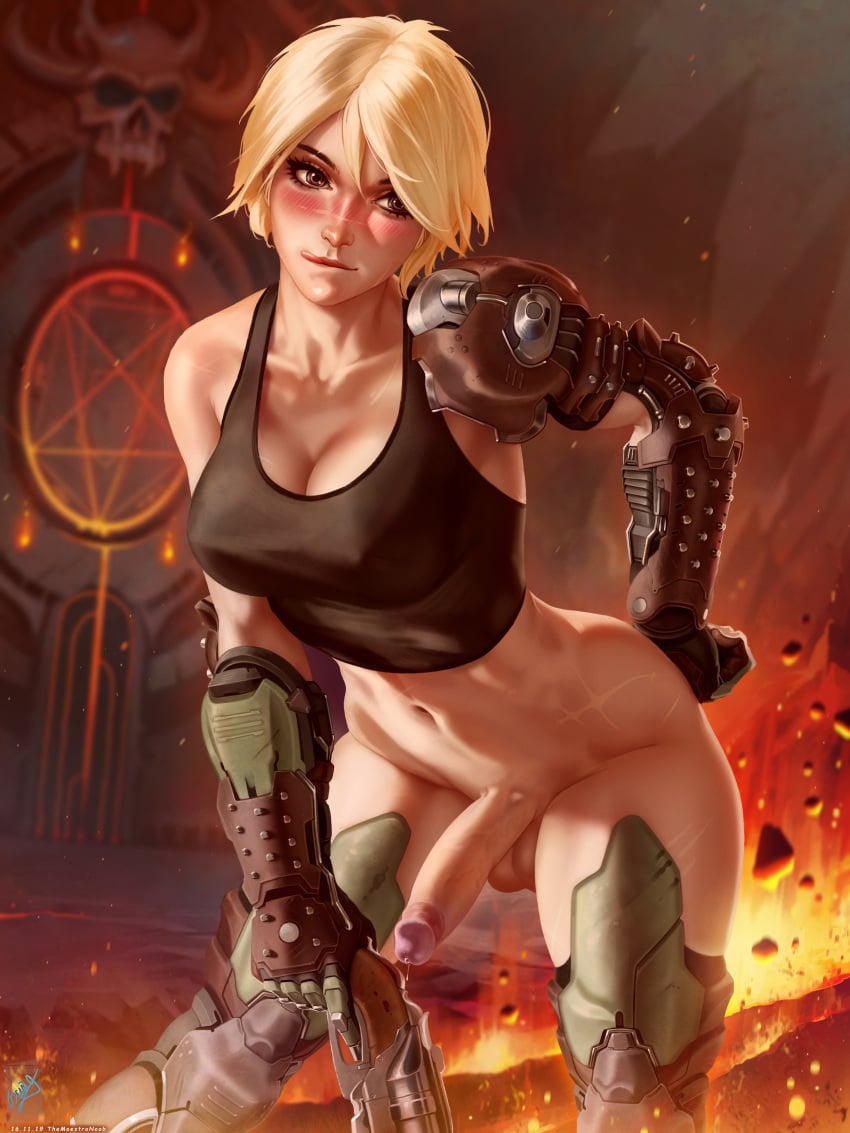 1futa 2019 abs absurd_res armor balls blonde blonde_hair blush bottomless breasts casual cleavage clothed clothing crop_top curvy dated doom doom_slayer_(doom) double-barreled_shotgun dripping_precum embarrassed_nude_futa erect_nipples erect_penis erection exposed firearm fit futa_only futanari greaves gun hell highres human large_breasts large_penis nipple_bulge nipples penis precum precum_drip realistic short_hair shotgun sleeveless_shirt solo source_request tank_top text themaestronoob watermark weapon wide_hips