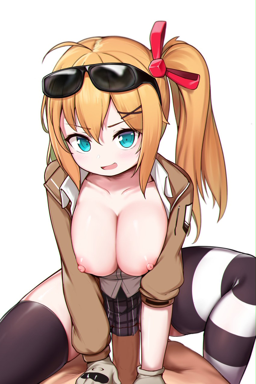 1boy absurdres bangs blue_eyes blush boots breasts breasts_out cleavage covered_penetration cowgirl_position eyebrows_visible_through_hair eyewear_on_head female girls'_frontline glasses_on_head gloves hair_between_eyes hair_ornament hair_ribbon high_heel_boots high_heels highres implied_penetration implied_sex jacket kalina_(girls'_frontline) large_breasts long_hair looking_at_viewer mismatched_legwear nipples open_clothes open_jacket open_mouth open_shirt orange_hair pelican_(s030) penis pleated_skirt ribbon sex side_ponytail simple_background skirt smile solo spread_legs straddling straight striped striped_legwear sunglasses sunglasses_on_head tagme thighhighs vaginal_penetration white_background