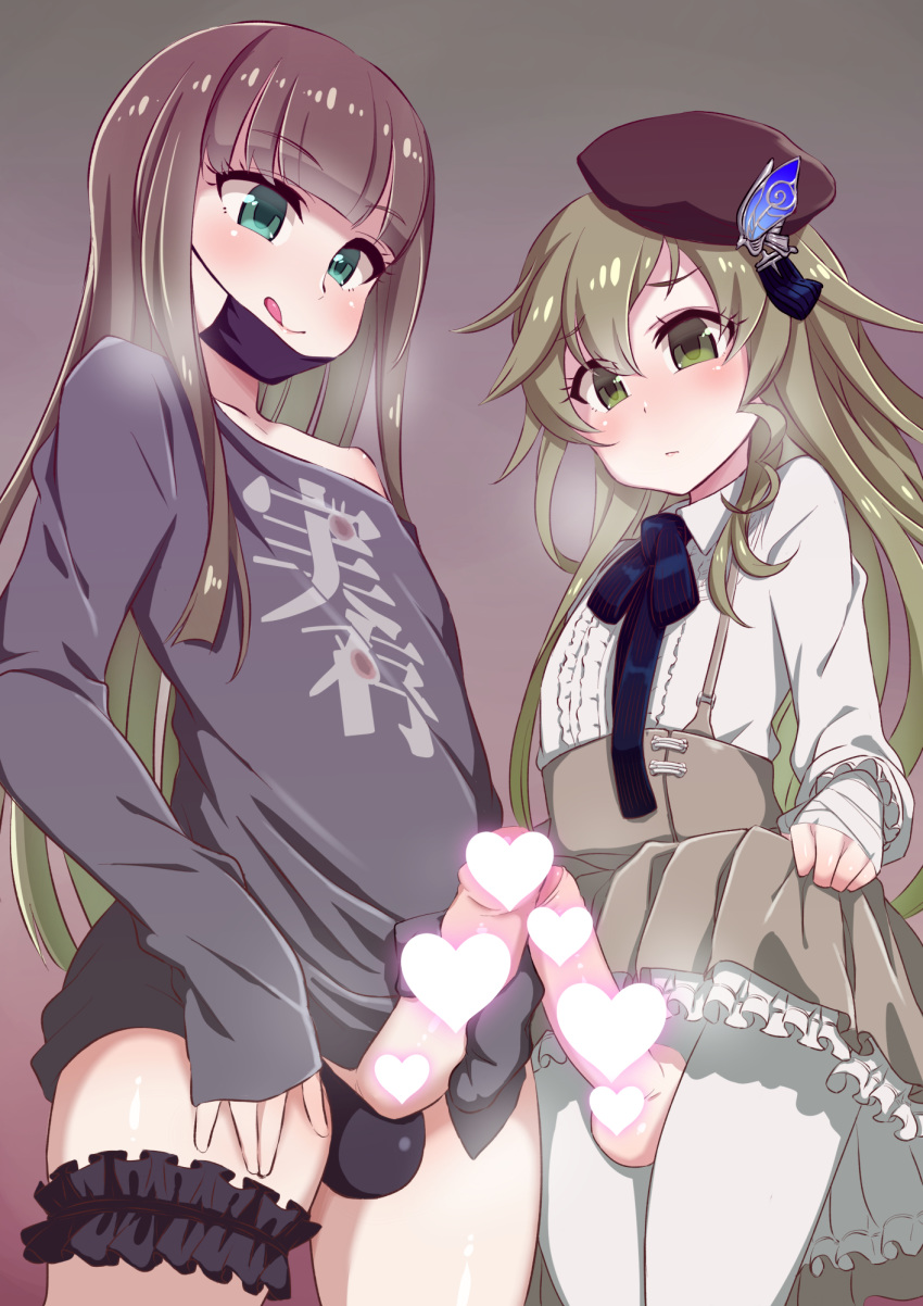 2boys :q black_panties black_shirt blue_eyes brown_hair censored center_frills clothes_writing erection face_mask femboy frilled_skirt frills frottage gradient_hair green_eyes green_hair gretel_(sinoalice) grey_skirt heart heart_censor high-waist_skirt highres konboi-eg leg_garter lifted_by_self long_hair long_sleeves looking_down male_focus mask mask_pull masturbation mouth_mask multicolored_hair multiple_boys multiple_penises panties pantyhose penis penises_touching pinocchio_(sinoalice) reality_arc_(sinoalice) shirt sinoalice skirt skirt_lift sleeves_past_fingers sleeves_past_wrists surgical_mask suspender_skirt suspenders testicles tongue tongue_out torn_clothes torn_legwear trap trap_on_trap underwear very_long_hair white_legwear white_shirt yaoi