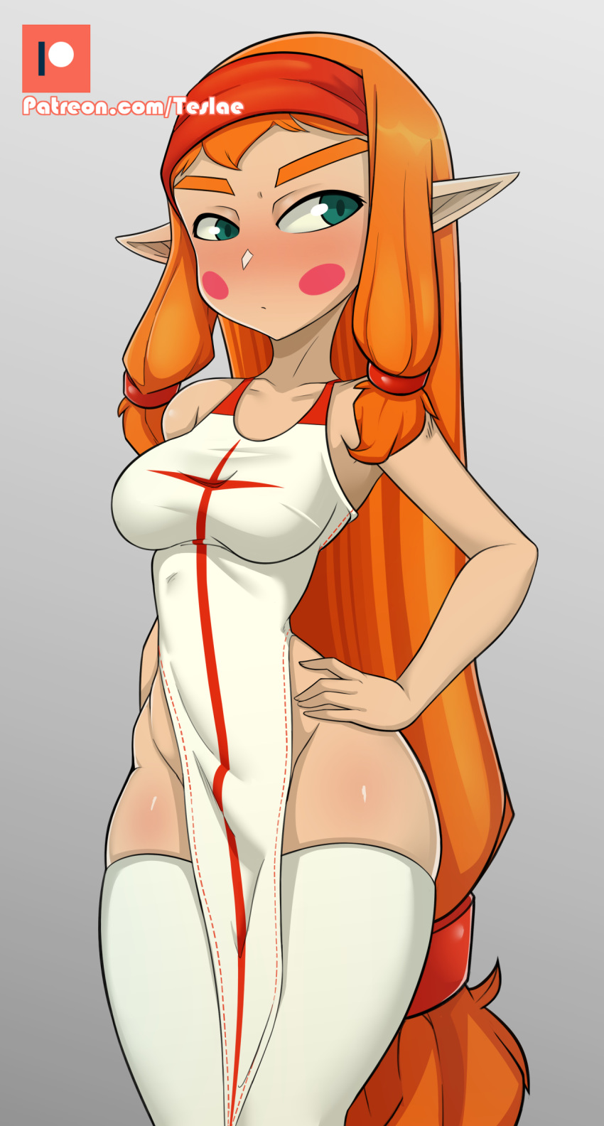 1girls blush dofus female female_only ginger green_eyes iop no_panties orange_hair questionable solo teslae wakfu