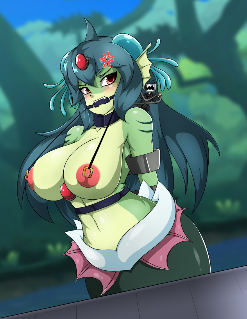 absurd_res angry arms_behind_back big_breasts bit_gag blush bondage bound bound_arms breasts busty fan_character female femsub gag gagged giga_mermaid hair hi_res humanoid large_breasts long_hair navel nipples red_eyes restrained shantae shantae:_half-genie_hero size_difference small_dom_big_sub smooth_skin topless video_games wayforward