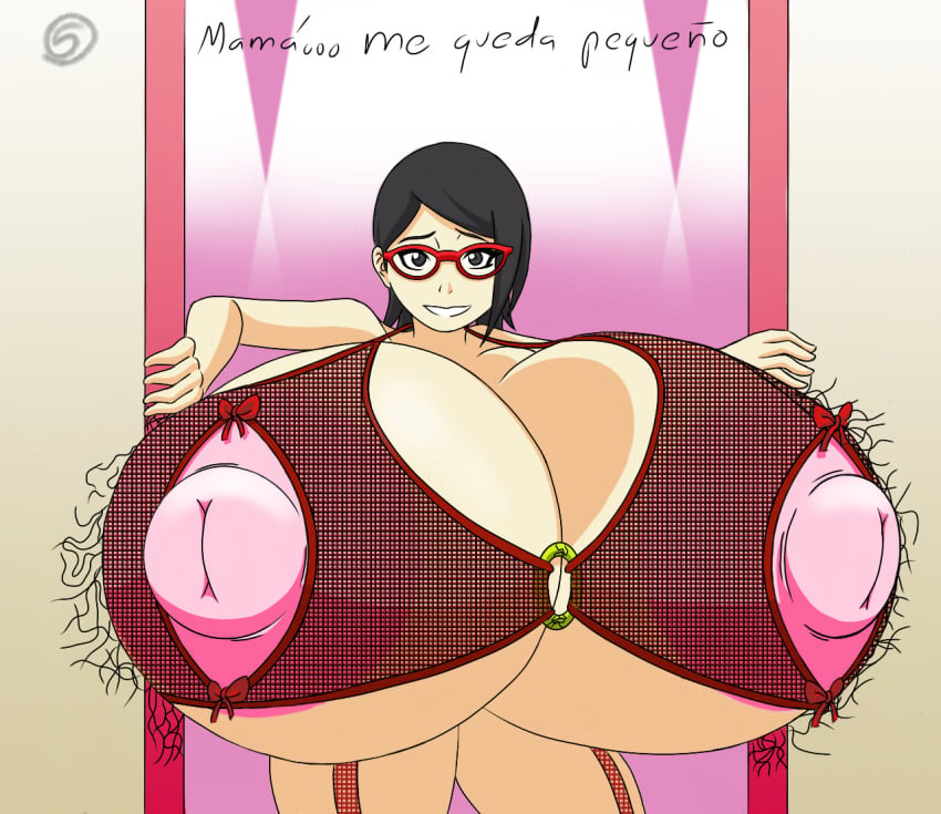 areola boruto:_naruto_next_generations gigantic_breasts glasses hyper_areola hyper_breasts lenceria naruto sarada_uchiha shy spanish_text text valerya5