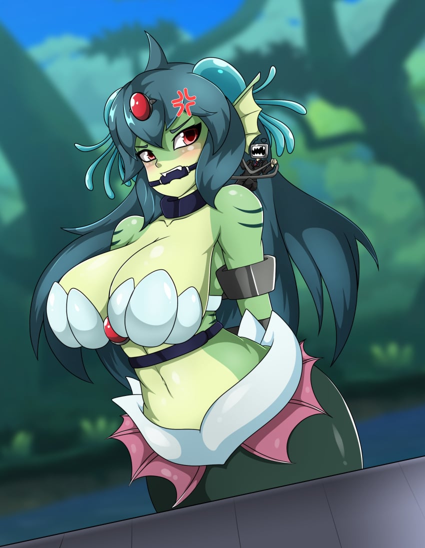 absurd_res angry arms_behind_back big_breasts bit_gag blush bondage bound bound_arms breasts busty cleavage fan_character female femsub gag gagged giga_mermaid hair hi_res humanoid large_breasts long_hair navel red_eyes restrained shantae shantae:_half-genie_hero size_difference small_dom_big_sub smooth_skin video_games wayforward