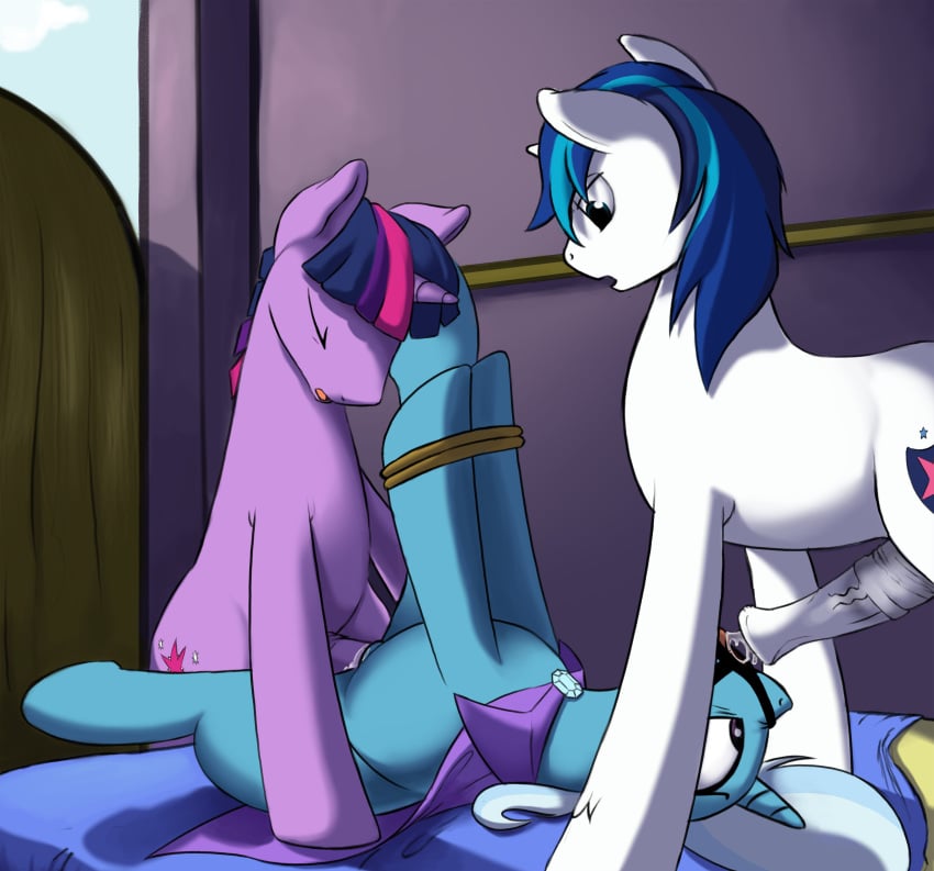 absurd_res anthro bed bondage bound dusk_shine_(mlp) equid erection fellatio female feral friendship_is_magic furniture futanari gag gagged graboiidz group hair hi_res horn intersex male mammal multicolored_hair my_little_pony on_bed open_mouth_gag oral penetration penile penis ring_gag sex shining_armor_(mlp) trixie_(mlp) twilight_sparkle_(mlp) two_tone_hair unicorn