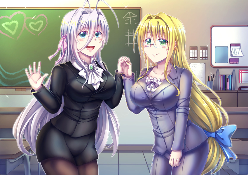 2girls arkfield blonde_hair blue_eyes blush calendar_(object) chair chalkboard classroom clothes_swap clothing_swap corset crossover extended_arm female_teacher glasses green_eyes hair_ribbon hand_down_pants hand_holding height_difference high_school_dxd high_school_dxd_hero large_breasts long_hair multiple_girls rossweisse school_desk sensei silver_hair smile smooth_skin stockings teacher tearju_lunatique to_love-ru to_love-ru_darkness uniform very_long_hair waving_arms wide_hips