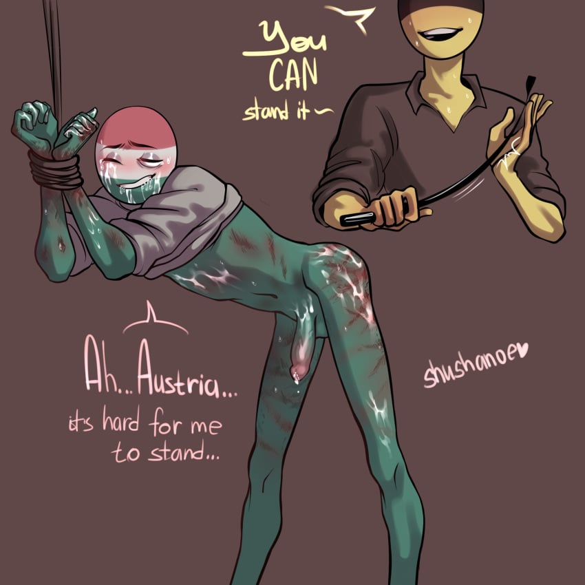 2boys artist_name austria austrian_empire_(countryhumans) bound_wrists brown_background countryhumans cum english_text grin hungary hungary_(countryhumans) male_only one_eye_closed riding_crop rope shushanoe sweat whip whip_marks yaoi