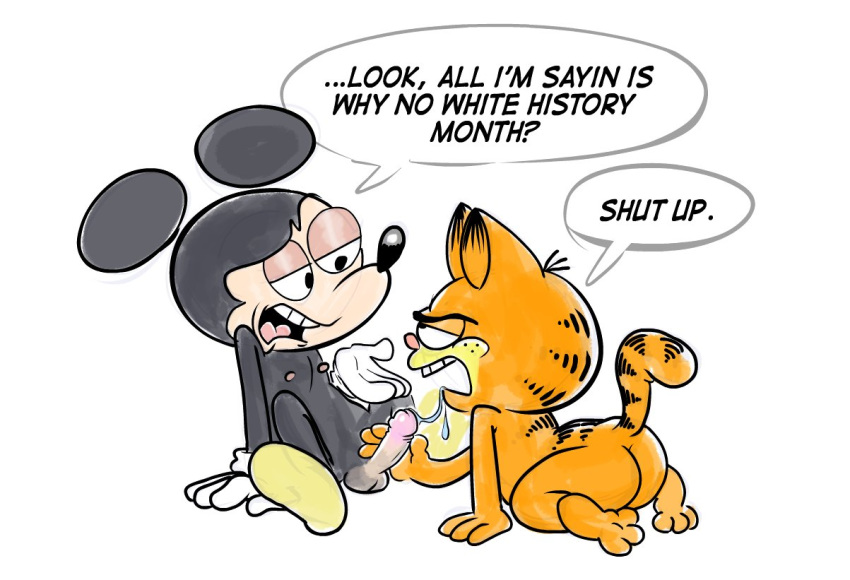 2boys anthro ass balls crossover disney domestic_cat duo english_text erect_nipples erection felid feline felis fellatio garfield_(series) garfield_the_cat holding_penis hotdiggedydemon_(artist) male male/male male_only mammal mickey_mouse mouse murid murine nickelodeon oral_sex paws,_inc. penis politics rodent sex text what white_background