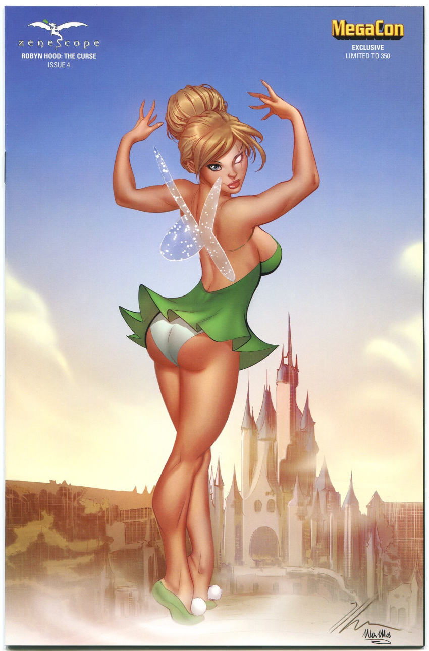 1girls ale_garza alternate_costume arms_up ass big_breasts blonde_hair blue_eye breasts castle collaboration cosplay dat_ass disney disney_fairies disneyland dress fairy fairy_wings female female_only flight flying glowing_eye green_dress green_shoes grimm_fairy_tales_(comic) hair_bun looking_at_viewer looking_back looking_back_at_viewer panties peter_pan_(disney) pink_lips pinup robyn_hood robyn_locksley round_ass scar shoes signature solo tinker_bell tinker_bell_(cosplay) ula_mos upskirt white_panties yellow_eye zenescope zenescope_entertainment