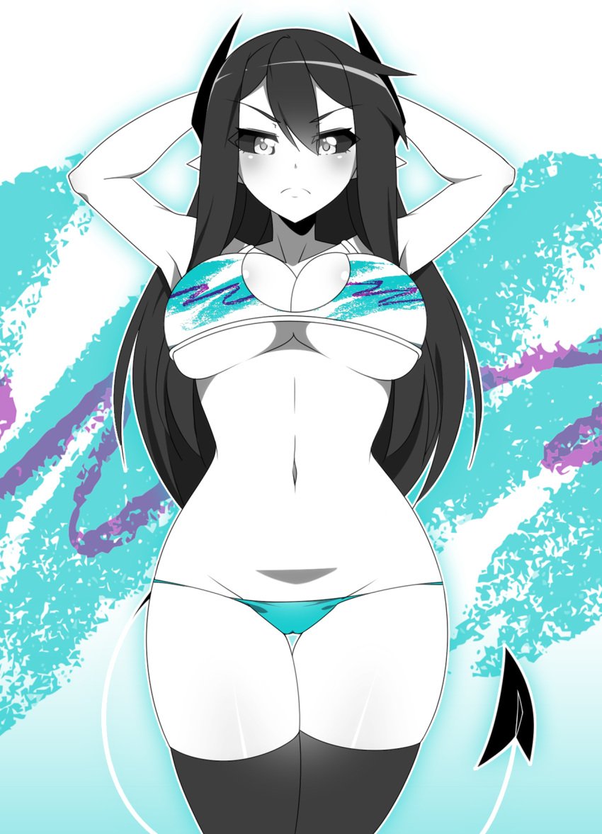 2018 big_breasts bikini black_hair black_horns black_sclera breasts demon_girl demon_horns demon_tail grey_eyes iryanic long_hair original_character succubus white_body