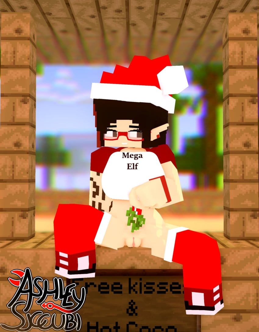 3d angel-matty angelmatty ashley_succubi big_breasts black_hair character christmas commission demon_girl elf female glasses mine-imator minecraft mistletoe no_panties red_eyes santa_costume spread_legs succubus tagme