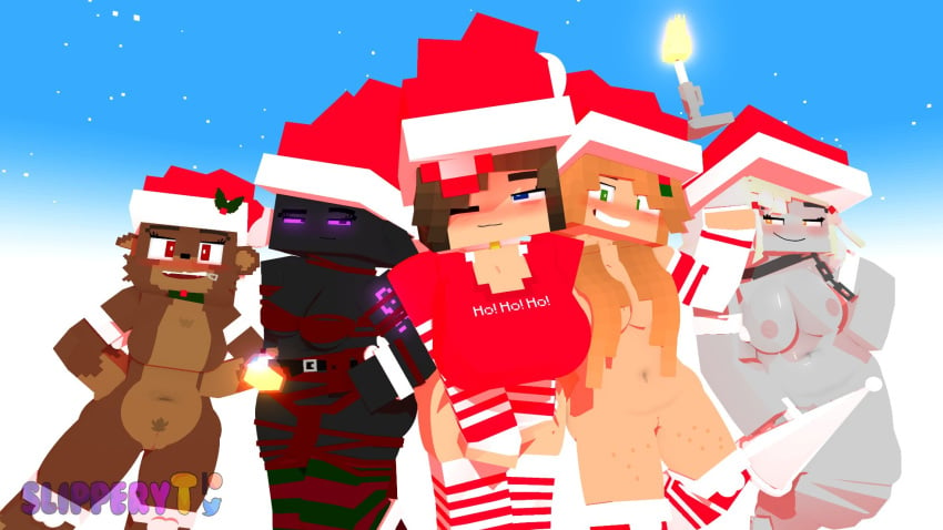 1girls 3d 5girls allie_(slipperyt) allie_the_ghost amber_green_(slipperyt) bia_prowell_(slipperyt) big_breasts black_skin blue_eyes breasts brown_hair christmas enderwoman female female_only ghost_girl green_eyes half-dressed horny_female humanoid jenny_belle_(slipperyt) living_plushie marie_prowell_(slipperyt) mine-imator minecraft nipples nude orange_eyes orange_hair outside plushie purple_eyes pussy red_eyes santa_costume santa_hat slipperyt stockings tagme teddy_bear text thighhighs thighs watermark white_hair winking_at_viewer witch_girl