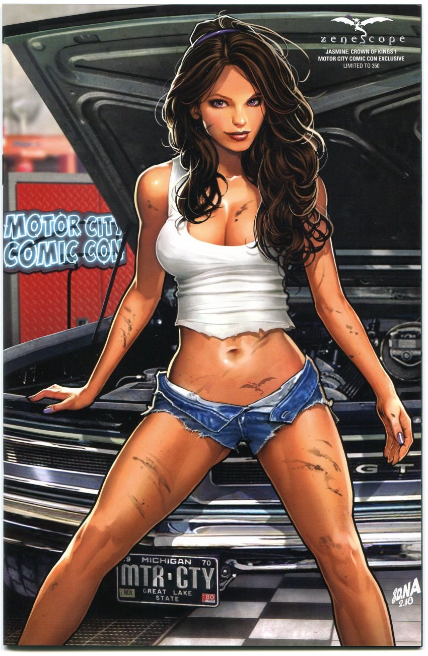 1girls alternate_costume big_breasts big_breasts blue_shorts breasts brown_hair brown_hair busty car car_hood cleavage comic_cover david_nakayama denim_shorts detroit dirty female female_only grimm_fairy_tales_(comic) hairband jasmine_(zenescope) large_breasts license_plate lipstick looking_at_viewer mechanic michigan nail_polish official_art pinup purple_eyes purple_hairband purple_nail_polish purple_nails realistic red_lips red_lipstick shirt short_shirt short_shorts shorts smile solo tan tattoo thighs unbuttoned white_shirt zenescope zenescope_entertainment