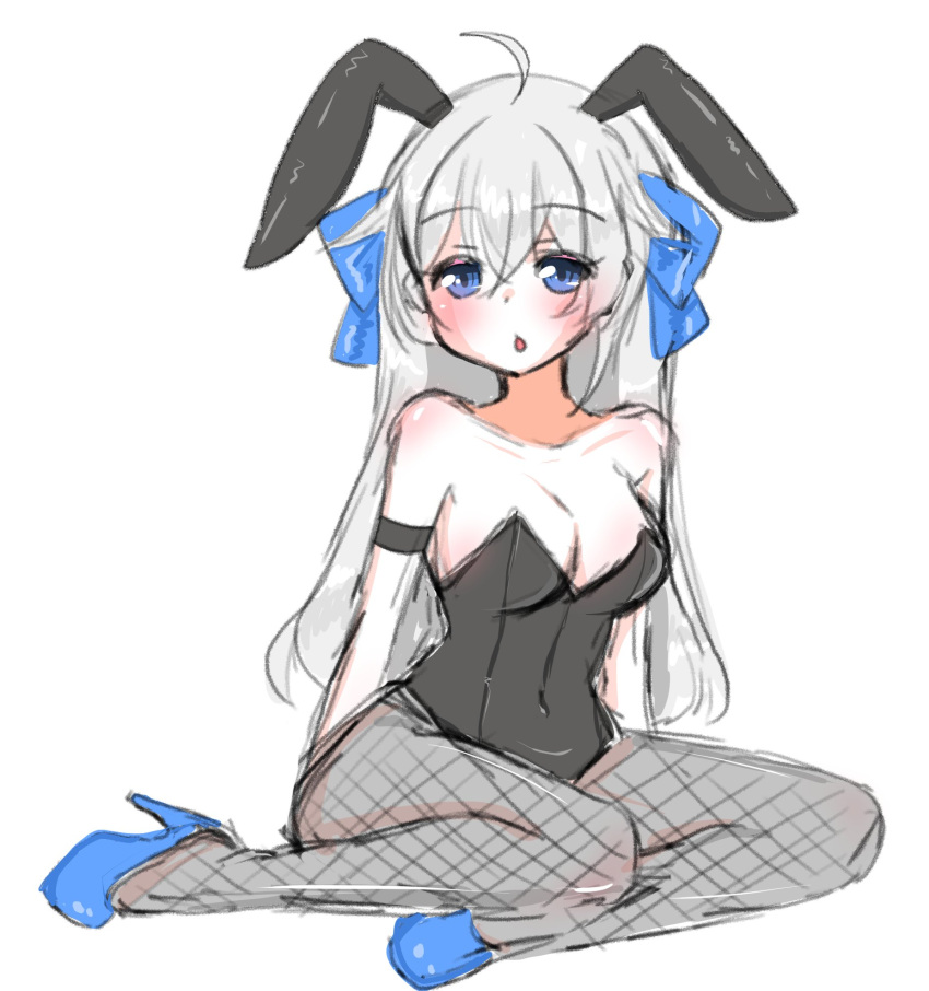 1girls abune_chie_(artist) blue_eyes blue_heels blush bunnysuit eyebrows_visible_through_hair fake_animal_ears fake_rabbit_ears female female_only fishnet_legwear heels light-skinned_female light_skin sakura_gakuen simple_background solo stargazer_ltd. virtual_youtuber white_background yuchorin_(유초린/yu_chorin)