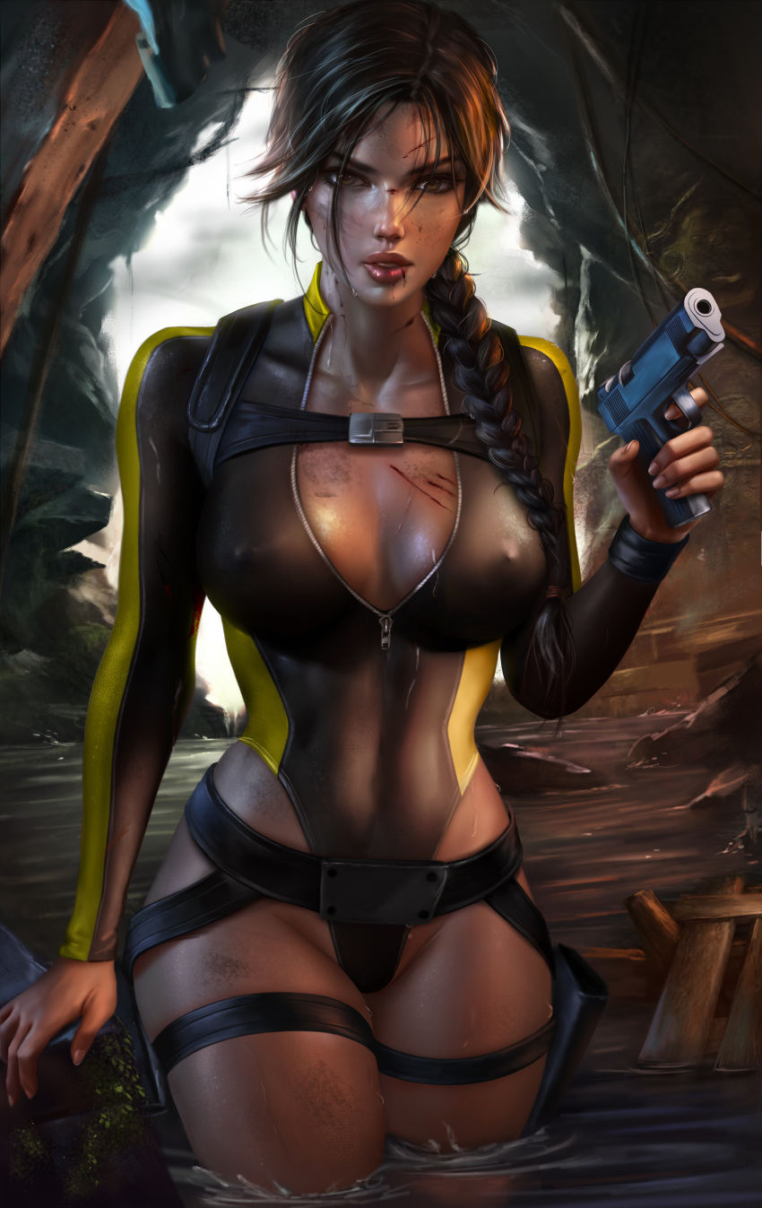 1girls alternate_breast_size big_breasts breasts cleavage clothed collarbone covered_navel erect_nipples female female_only firearm gun handgun holding_gun holding_weapon impossible_clothes in_water lara_croft lara_croft_(classic) large_breasts logan_cure long_hair long_ponytail looking_at_viewer navel nipple_bulge nipples no_bra no_panties open_shirt partially_submerged pokies ponytail pubic_hair realistic scratches solo standing standing_in_water tight_clothing tomb_raider uncensored water weapon wetsuit