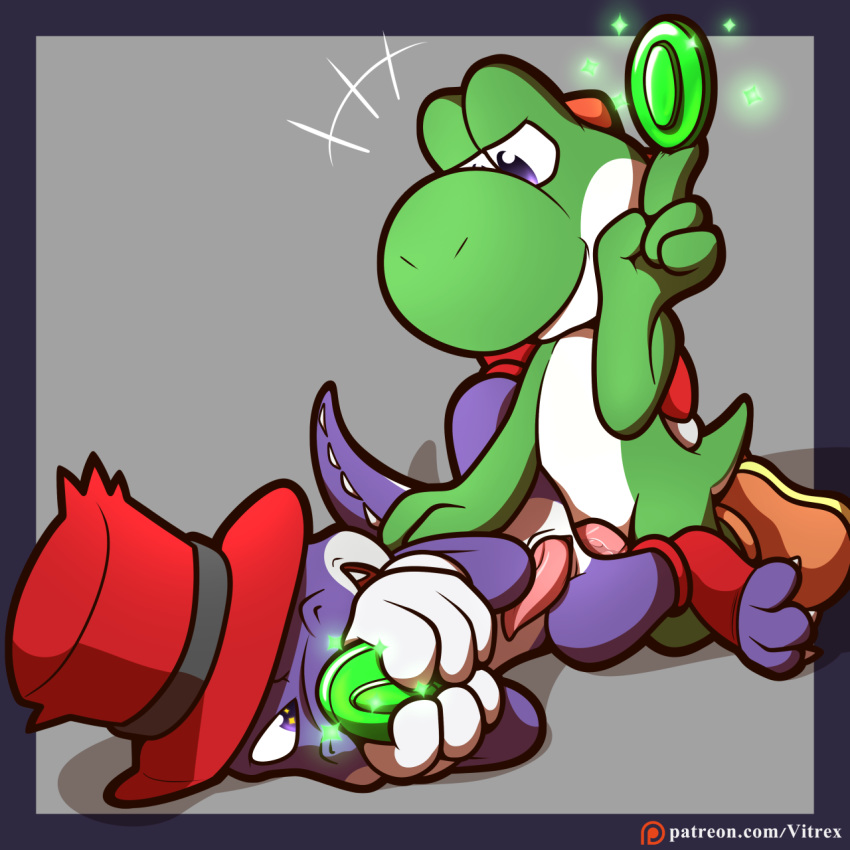 anal anal_sex anthro clothed clothing coin croco duo erection feral green_yoshi invalid_tag male male/male male_penetrated male_penetrating male_penetrating_male mario_(series) nintendo nude penetration penis sex sideways simple_background slit smile super_mario_rpg video_games vitrex yoshi