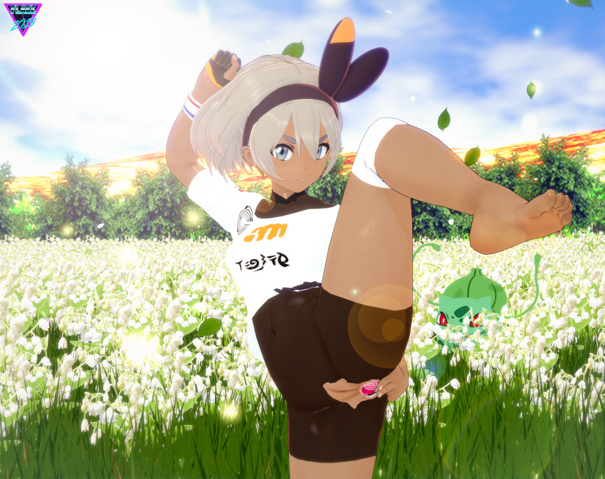 1girls 3d abs ambiguous_gender anal anal_insertion anus barefoot bea_(pokemon) belly bodysuit bulbasaur clouds dark-skinned_female dark_skin day eye_contact feet female female_only feral flower khornflakesfm larger_female leg_up looking_at_viewer love_ball masturbation navel nintendo outdoors pokémon_(species) poke_ball poke_ball_insertion pokemon pokemon_rgby pokemon_ss pose pussy shirt size_difference skin_tight sky solo_focus spread_legs standing text thick_thighs toes torn_clothes watermark wide_hips