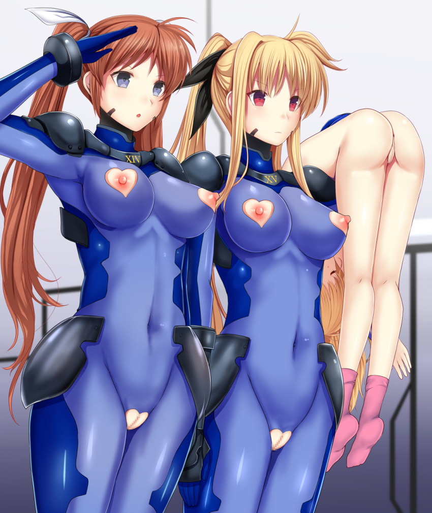 3girls ass ass_visible_while_carried blonde_hair blue_eyes blush bodysuit brainwashing breasts brown_hair carrying carrying_over_shoulder closed_eyes closed_mouth corruption covered_navel daiaru exposed_breasts fate_testarossa female functionally_nude groin hair_ornament hair_ribbon heart_cutout highres innie_pussy jpg large_breasts long_hair lyrical_nanoha mahou_shoujo_lyrical_nanoha_strikers multiple_girls nipple_cutout nipples nude numbers'_uniform open_mouth pink_footwear ponytail pussy pussy_cutout red_eyes ribbon salute shiny shiny_clothes skin_tight socks standing takamachi_nanoha twintails unconscious vivio