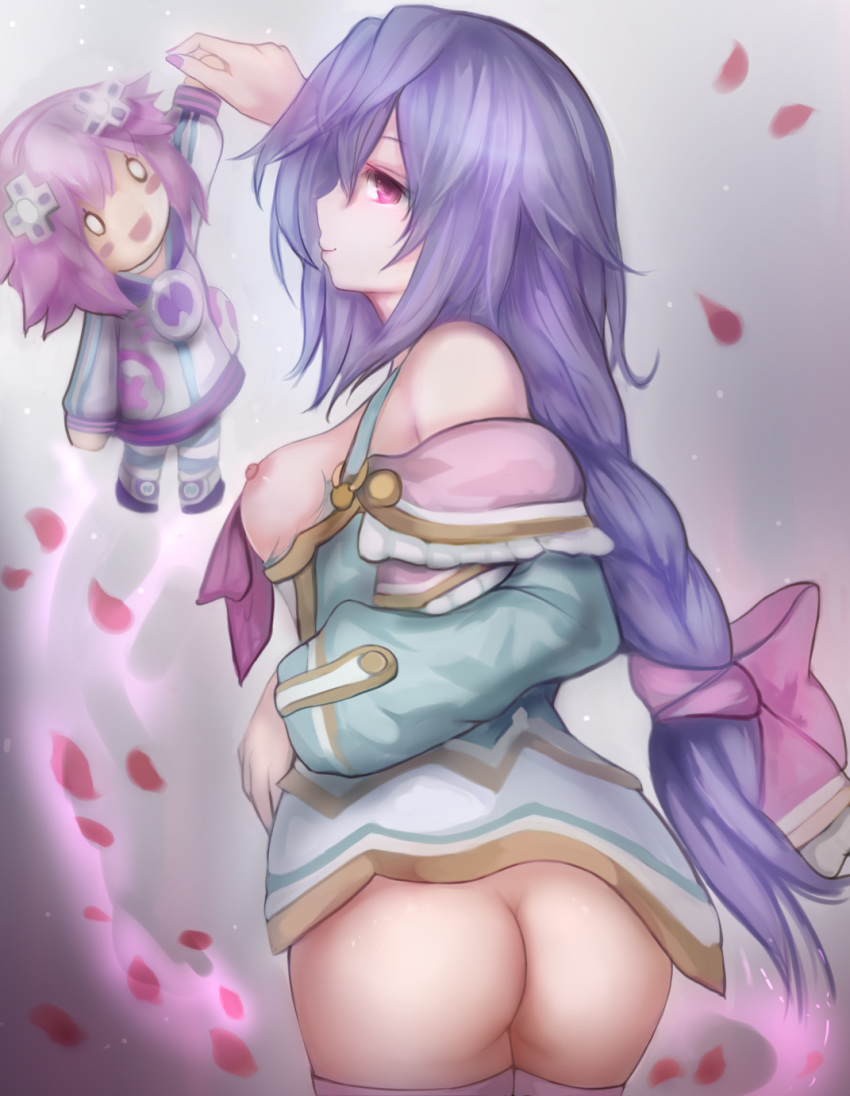 ass doll goddess her_ladyship iris_heart long_hair madame_goddess neptune_(neptunia) neptunia_(series) pink_eyes planeptune plutia ponytail purple_hair ribbon ribbons rose suterisu