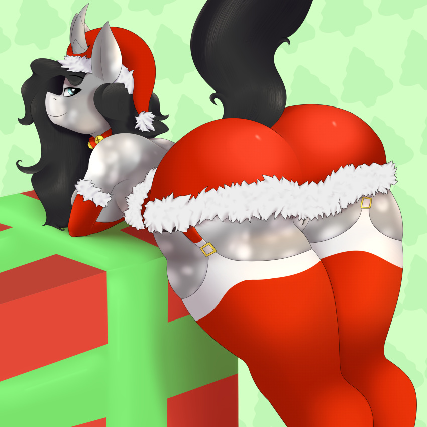 1:1 absurd_res anthro big_breasts blue_eyes booponies breasts clothing collar commando dress equid female festive friendship_is_magic hi_res horn inviting legwear looking_back mammal my_little_pony pussy raised_tail side_boob simple_background smile stockings thick_thighs unicorn