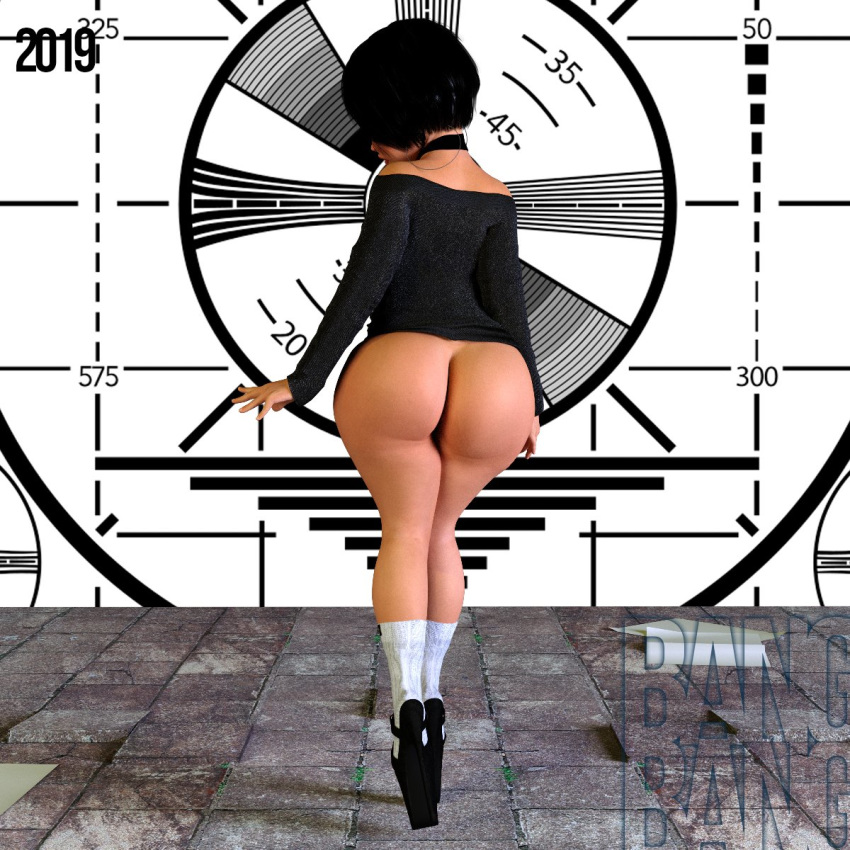 1girls 3d artist_name back_view bangbangrush bare_shoulders big_ass big_butt bimbo black_hair bottomless busty butt_crack choker curvy dat_ass detailed_background ear_piercing earrings female female_only half-dressed half_dressed high_heels hoop_earrings hourglass_figure human no_panties original_character piercing pose posing shadow short_hair shortstack solo standing text voluptuous white_socks wide_hips wink