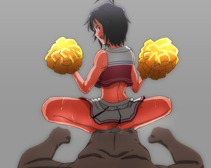 1boy 1girls ahoge black_hair blush cheerleader idolmaster kikuchi_makoto looking_back male_pov miyari_yuu pom_poms pov reverse_cowgirl_position short_hair sweat