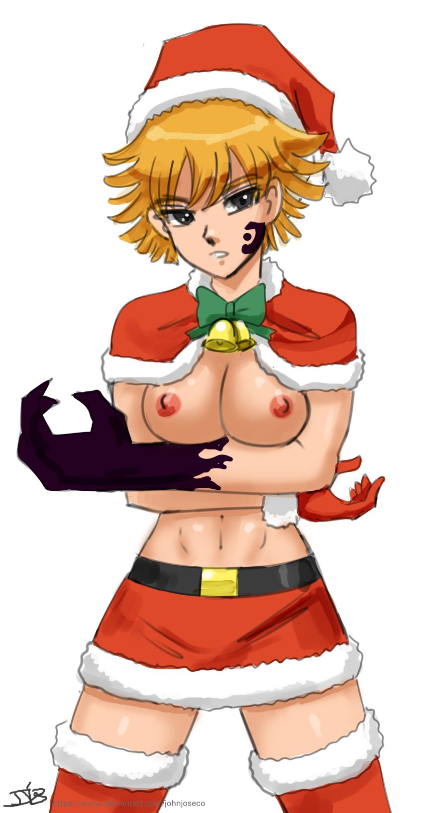 1girls areolae bare_breasts blonde_hair breasts christmas_outfit clothing derieri female female_only gloves hat human john_joseco looking_away nanatsu_no_taizai nipples red_gloves santa_hat short_hair skirt solo standing white_background